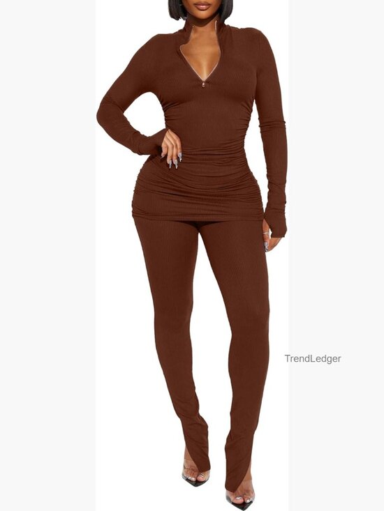 Pants - Women's Ribbed Tracksuit Set Half Zip Pullover Leggings Gym Lounge